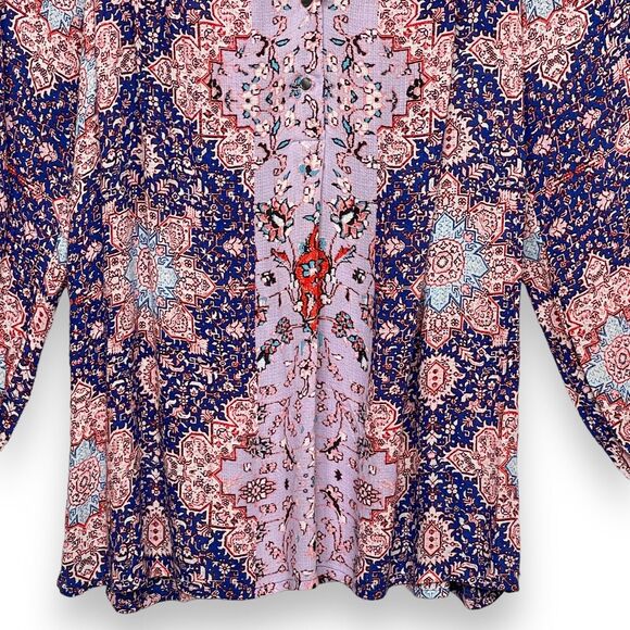 Lucky Brand Sheer Popover Blouse Women Size L Multicolor Boho Print Rayon - Picture 5 of 12